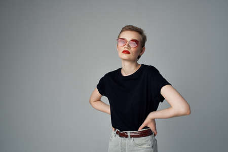 short haired woman hand gesture Red lips glamor isolated backgroundの写真素材