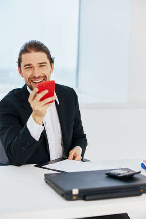 office worker work emotions in front of laptop communication bossの写真素材