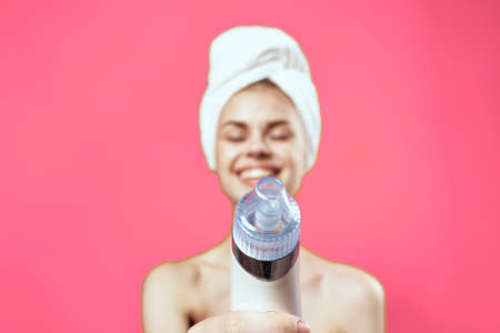 attractive woman nude skin care pink backgroundの写真素材