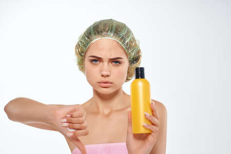 beautiful woman shower cap acne on the face dermatology