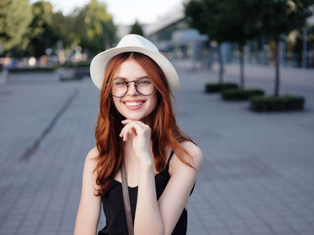 attractive woman outdoors walk rest trips emotionsの写真素材