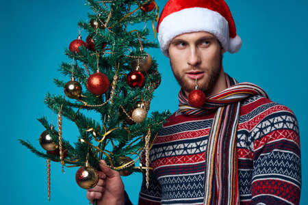 handsome man with a tree in his hands ornaments holiday fun isolated backgroundの写真素材