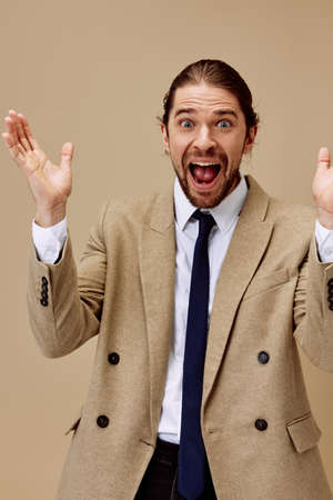 handsome man with surprise expression background.の写真素材