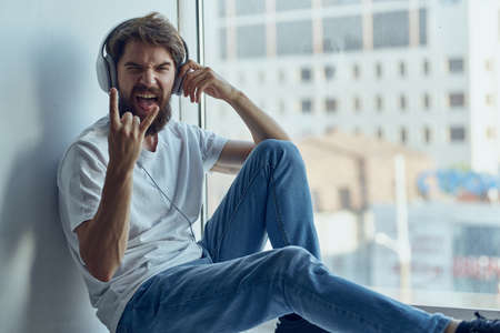 man with headphones listening to music Lifestyleの写真素材