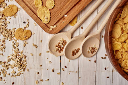 wooden tableware breakfast Ingredients kitchen wood backgroundの写真素材