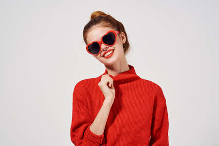fashionable woman Red lips posing light background