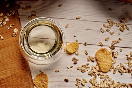 wooden kitchen items food muesli view from aboveの写真素材
