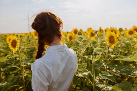 womans back In a field with blooming sunflowers landscape
