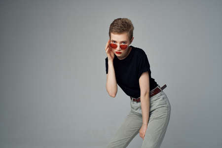 short haired woman hand gesture Red lips glamor isolated backgroundの写真素材