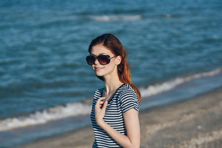 Woman outdoors summer landscape sun ocean natureの写真素材