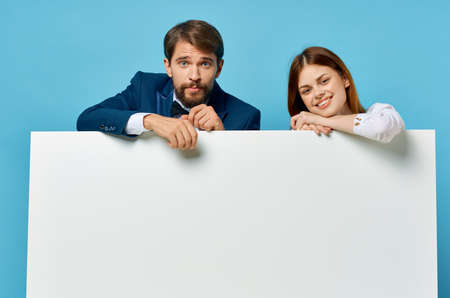 funny man and woman advertising presentation white banner blue background