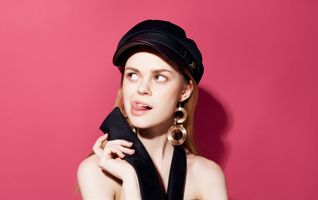 cheerful pretty woman red lips decoration black dresses fashion pink background