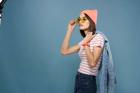 fashionable woman in striped t-shirt modern style summer clothesの写真素材