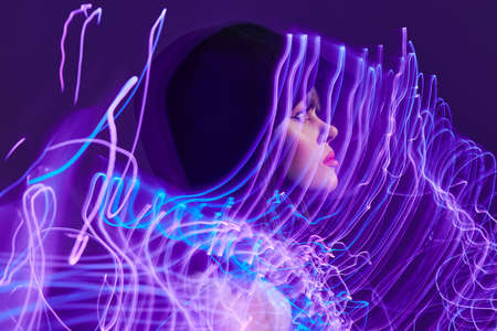 Beauty Fashion woman disco neon lines fashion color background unalteredの写真素材