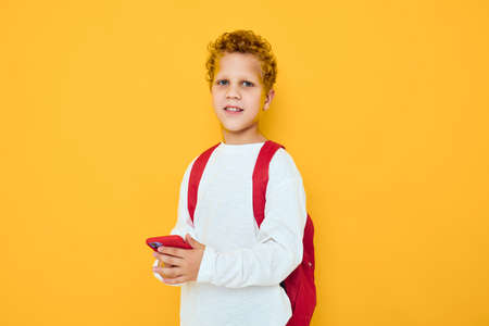 Cheerful young boy use the phone education kids lifestyle Studioの写真素材