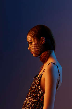 photo pretty woman black veil posing eye-catching glamor isolated background