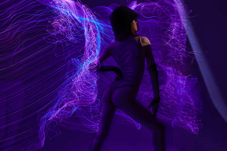 Beauty Fashion woman disco neon lines luxury fashion studio model unalteredの写真素材