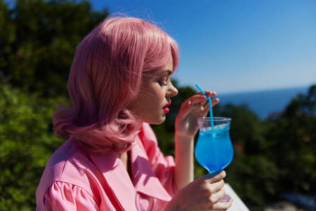 portrait of beautiful woman happiness vacation sunny summer cocktail Relaxation concept
