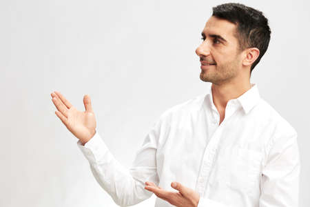 man white shirt posing hand gesture emotions elegant style