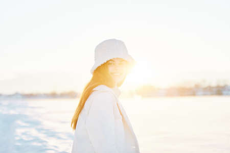 woman winter clothes walk snow cold vacation Fresh airの写真素材