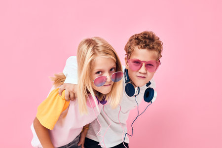 Portrait of a girl and a boy in sunglasses have fun with friends casual kids fashionの写真素材