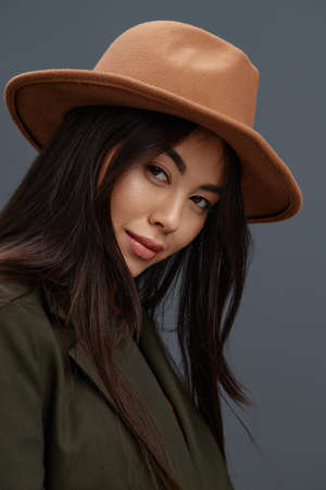 beautiful woman suit glamor posing smile fashion attractive look elegant style studio modelの写真素材