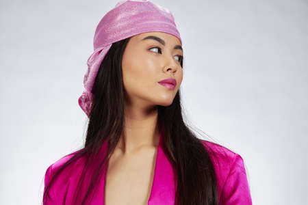 beautiful woman bright makeup pink mini dress modern style studio model