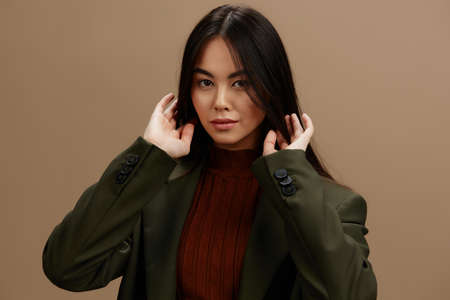 portrait woman stylish clothes fashion cosmetics charm studio modelの写真素材