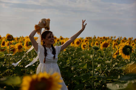 woman with two pigtails In a field with blooming sunflowers unalteredの写真素材