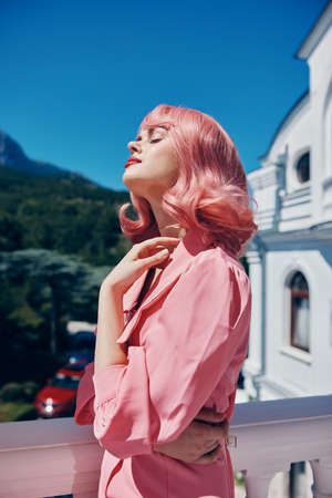 glamorous woman Vintage fashion pink hair posing summer unalteredの写真素材