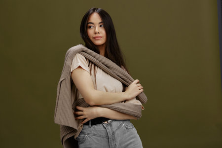portrait woman sweater on the shoulders posing clothing fashion Lifestyle