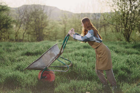 A young woman rolls a garden cart with soil for planting in her green nature garden and smiles