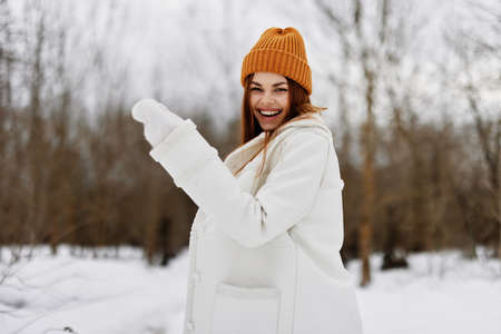 woman Walk in winter field landscape outdoor entertainment Lifestyleの写真素材