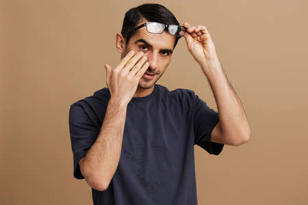 man gray t-shirt glasses cropped view emotions isolated background