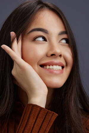 portrait woman brown sweater glamor posing smile fashion Lifestyle