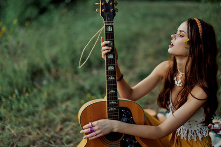 Hippie eco friendly woman with a guitar relaxing in nature sitting on a plaid by the lake in the...