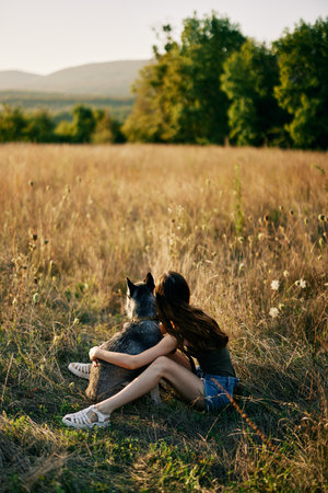 Woman sitting in field with dachshund dog smiling while spending time in nature with friend dog in...