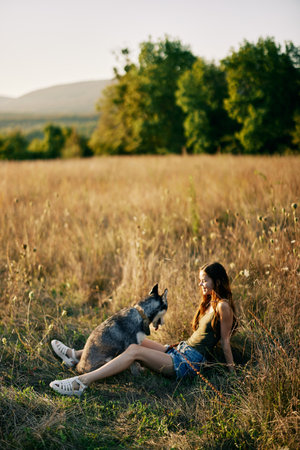 Woman sitting in a field with a dachshund dog smiling while spending time in nature with a friend dog in autumn at sunsetの写真素材