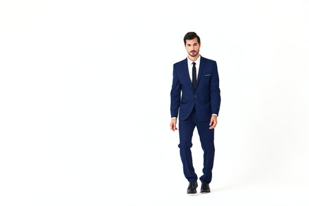 Man business smile with teeth in a suit business job walks open mouth happiness and surprise full-length on white isolated background copy spaceの写真素材