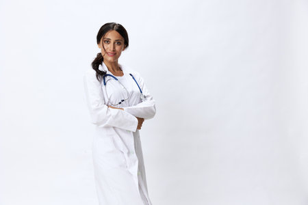 Woman doctor with stethoscope in hand in medical gown on white nurse background, consequences of covid-19, noise in lungs, concept of health and scienceの写真素材