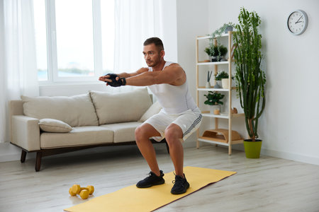 Man sports home training on the floor on a mat with dumbbells, exercises for muscle growth, pumped up man fitness trainer exercises at home, the concept of health and beauty of the bodyの写真素材