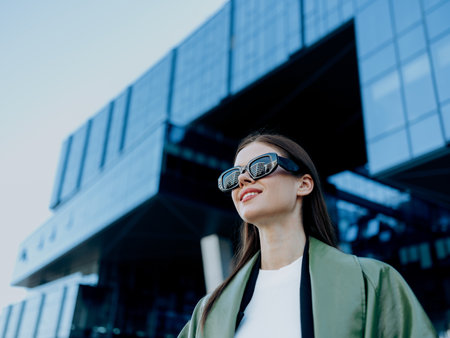 Portrait of a woman against the glass business buildings in the city wearing black fashion sunglassesの写真素材