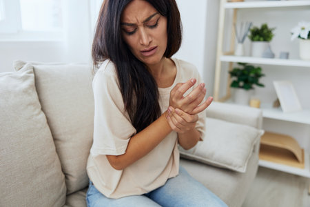 Woman sitting on sofa at home arm and shoulder pain, muscle sprain and joint pain, calcium problems in bonesの写真素材