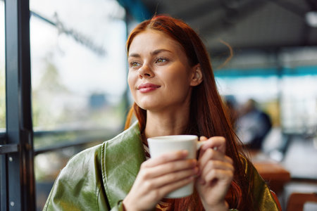 Portrait of a woman influencer drinking a drink from a mug in a cafe and smiling looking out the window, content blogger close-upの写真素材