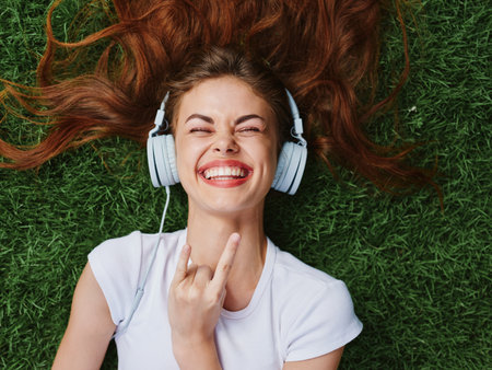 Woman lying on green grass with headphones in hand spreading her hair on the ground in summer, gesture rock smile with tongue outの写真素材