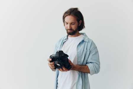 Man hipster photographer in a studio on a white background looking at the camera screen and setting it up for a photo shootの写真素材