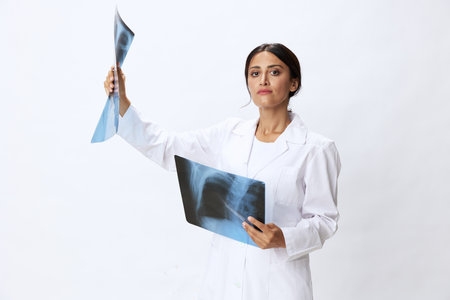 Woman doctor holding X-ray in robe on white background, consequencesの写真素材