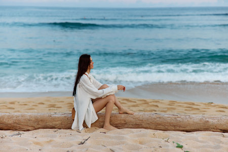 A woman with long wet hair after swimming sits on the sand with her back to the camera and looks at the sunset by the ocean on the island of Baliの写真素材