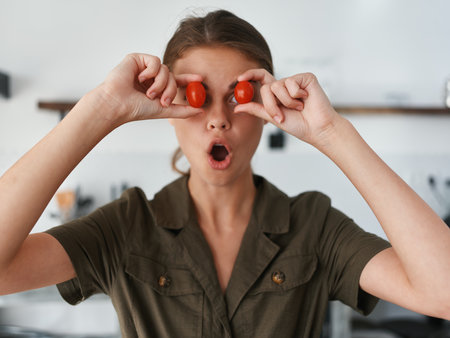 Woman at home in the kitchen preparing food and having fun taking tomatoes in her hands and putting them on her eyes, portrait smile with teeth, lifestyleの写真素材