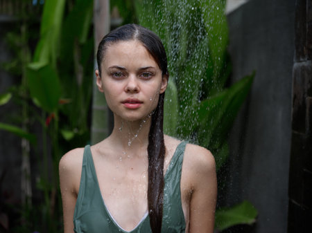 A woman, a body in a swimsuit washes her head in a tropical shower outdoors against the backdrop of green tropical leaves, flowers and palm trees. Body and hair care, tanned skin, smile, vintageの写真素材